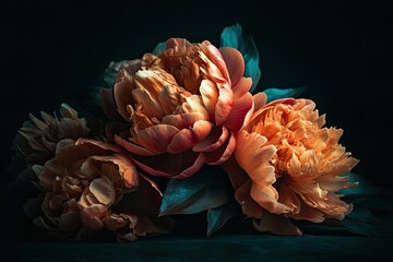 Peony flower in dark blue background with bokeh. Generative AI