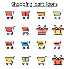 Shopping cart color line icon set