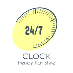 Simple clock face 24/7 icon on a white background in trendy flat style. Suitable for applications, web sites, online shops