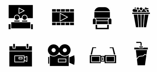 Cinema icon illustration. Cinema movie black and white icon set for business. Stock vector.