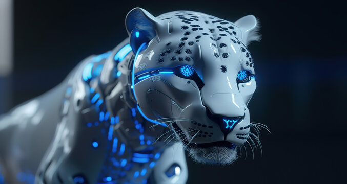White leopard robot with blue lighting