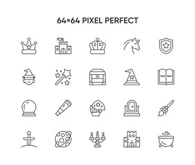 Fairytale Fantasy Related Vector Line Icons. Contains such Icon as Dragon, Magic Stuff, Fireball, Golden Coins and more.

