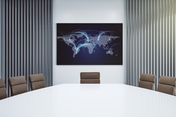 Abstract world map with connections on presentation tv screen in a modern meeting room, research and strategy concept. 3D Rendering