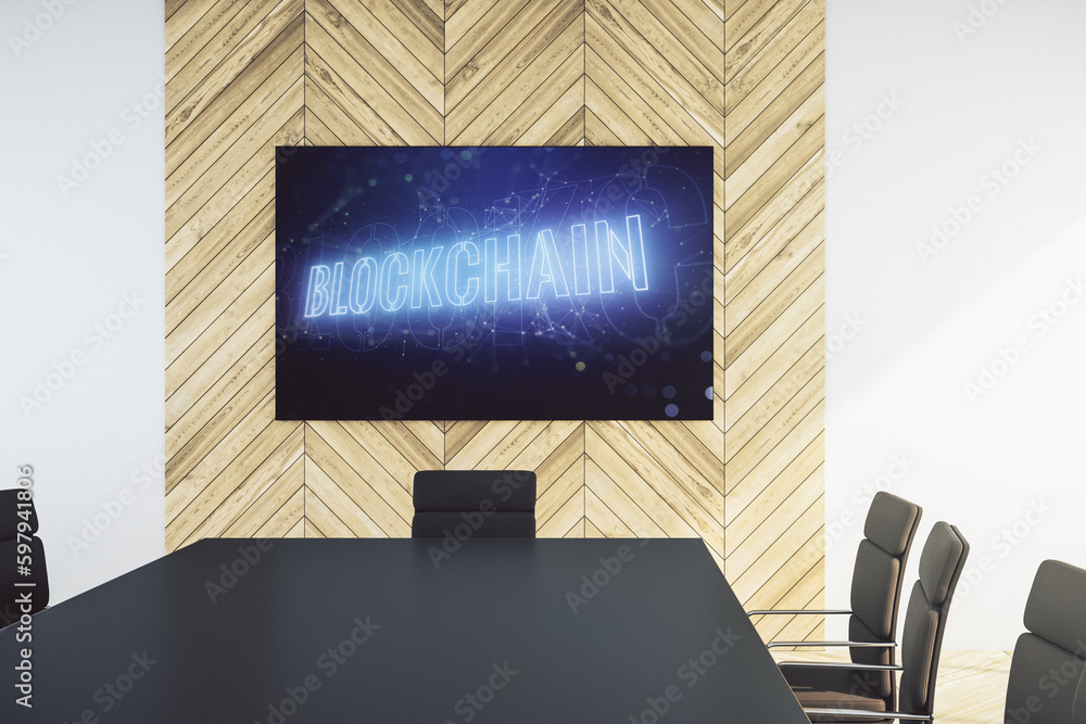 Aufkleber blockchain technology hologram on presentation tv screen in a modern meeting room. research and deve