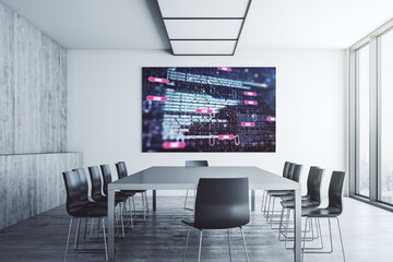 Abstract graphic coding sketch on tv display in a modern presentation room, big data and networking concept. 3D Rendering