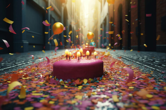 Confetti cake with lit candles. Generative ai