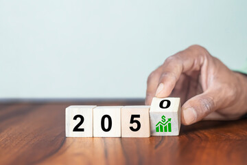 Business growth concept in 2050. Business goals and achievement. Sustainable development. Wooden...