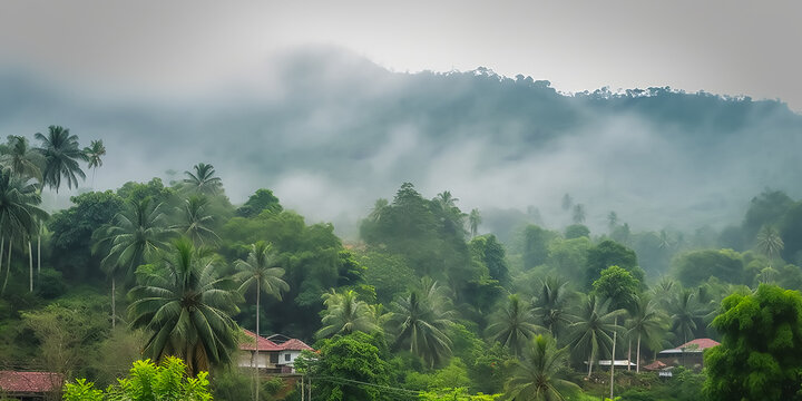 Illustration of panoramic view of Kerala, India landscape, AI Generated image.	
