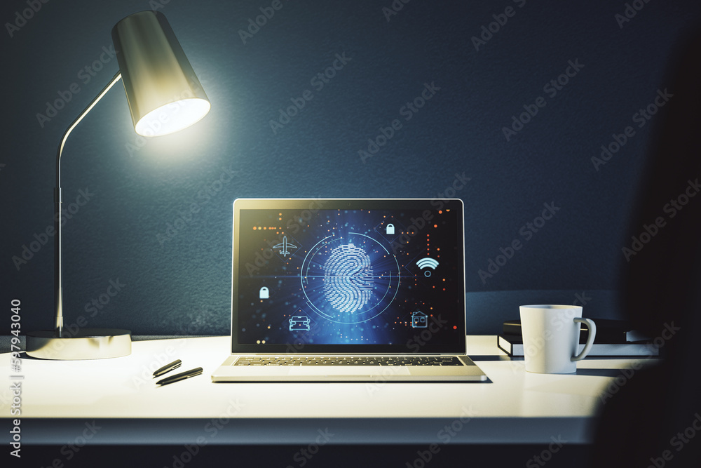 Poster Modern computer monitor with abstract creative fingerprint hologram, research and development concept. 3D Rendering