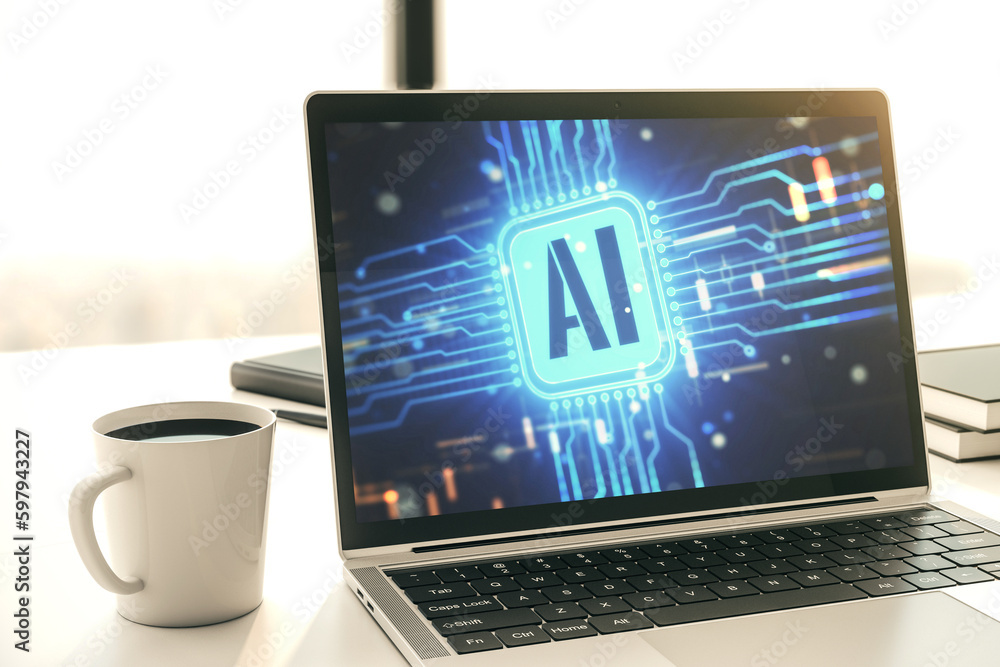Leinwandbilder Modern computer monitor with creative artificial Intelligence icon. Neural networks and machine learning concept. 3D Rendering