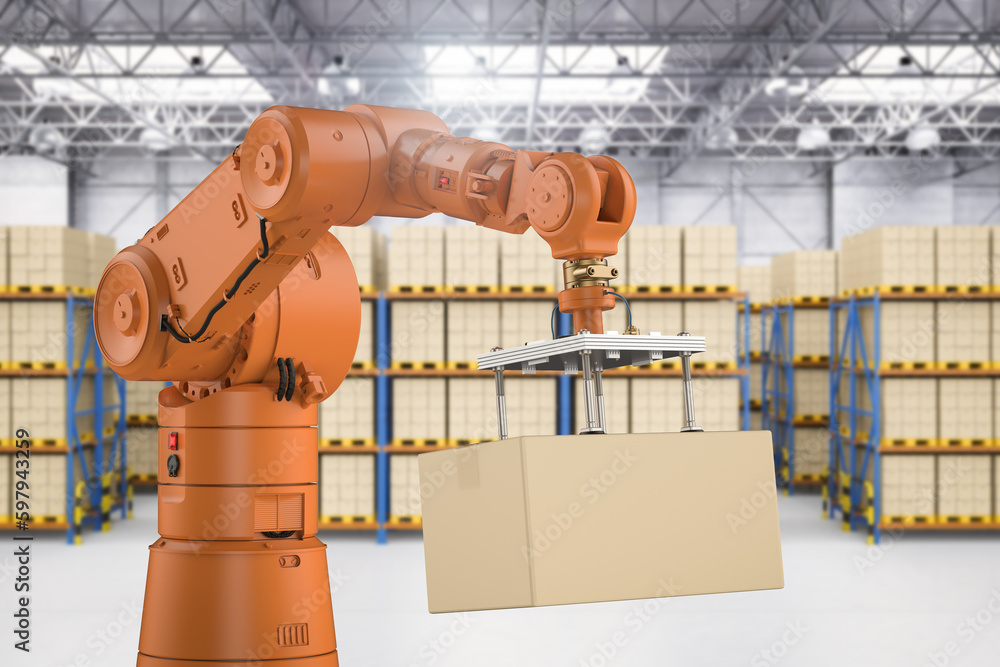 Poster automation factory or cargo with 3d rendering robotic arm carry cardboard box