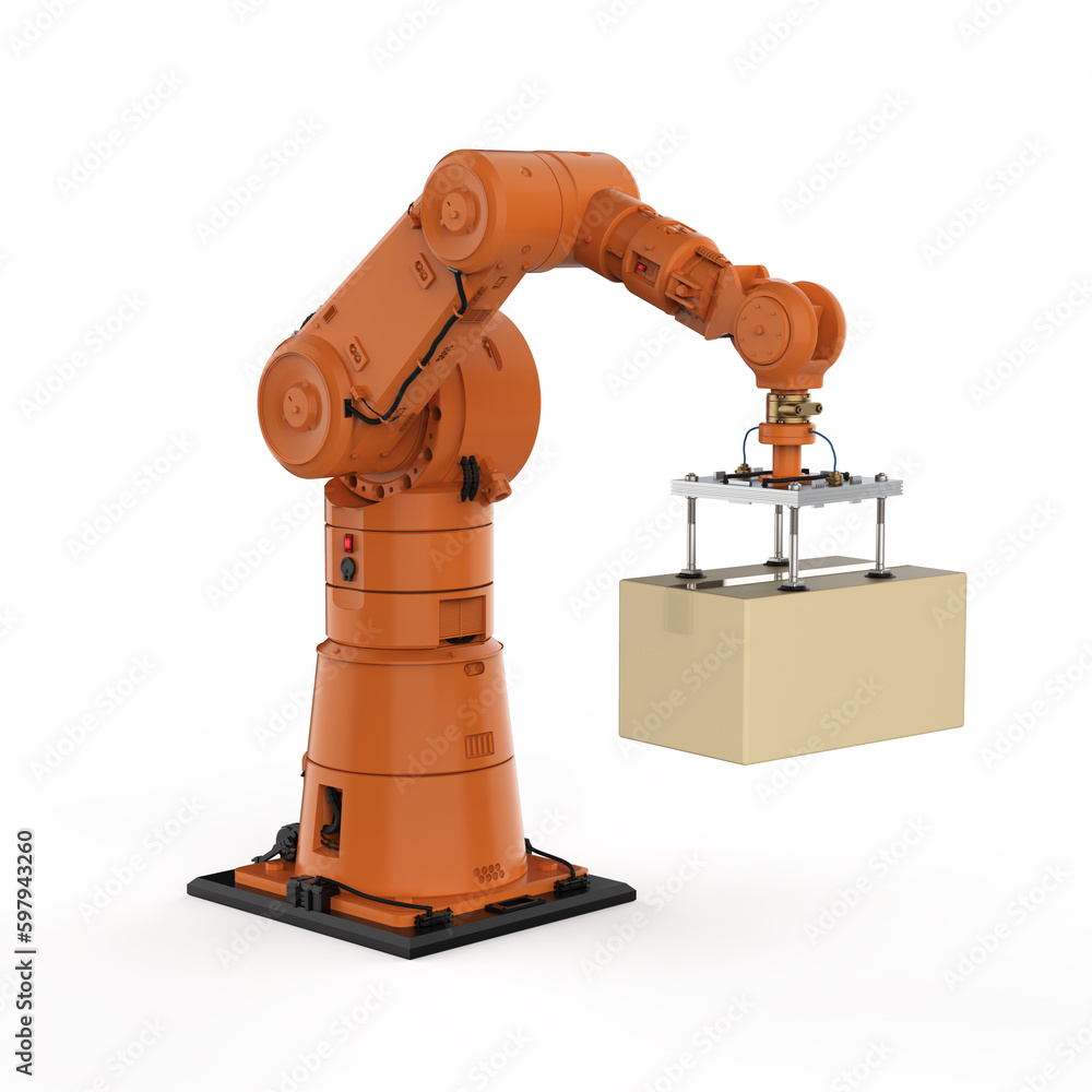 Poster automation factory or cargo with 3d rendering robotic arm carry cardboard box