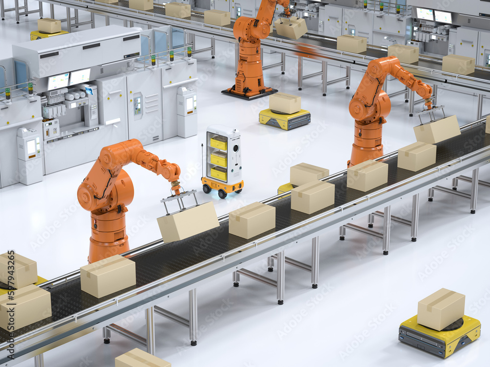 Poster automation factory or cargo with robot arms and warehouse robots