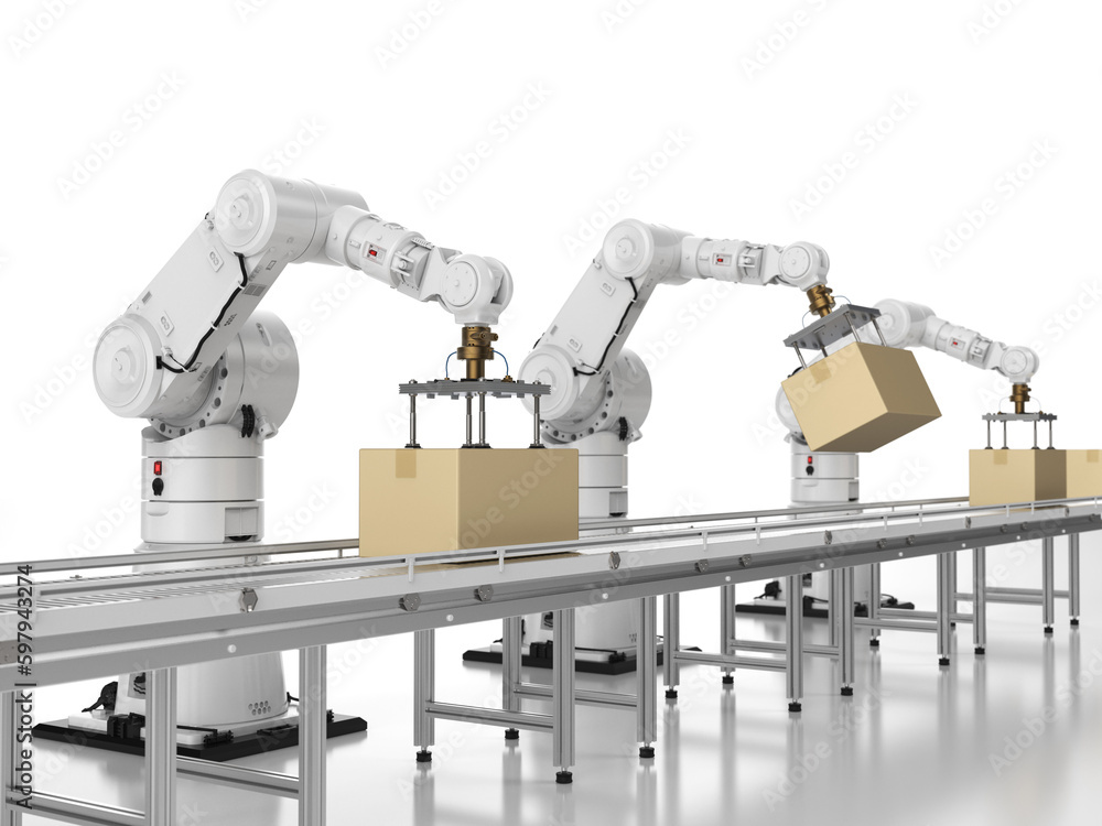 Poster robot assembly line with cardboard boxes