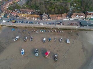 Folkestone Harbour at low tide from the air.