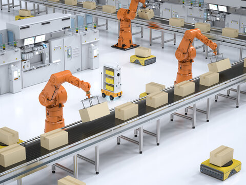 Automation factory or cargo with robot arms and warehouse robots