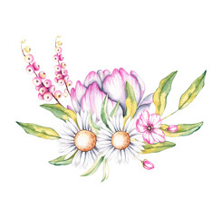 Watercolor bouquet of spring flowers on a white background