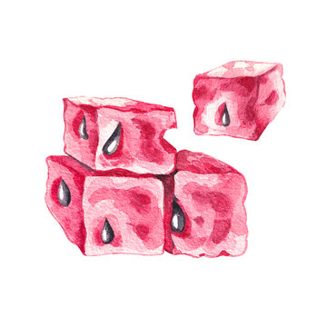 Watercolor Pieces In The Form Of Watermelon Cubes On A White Background