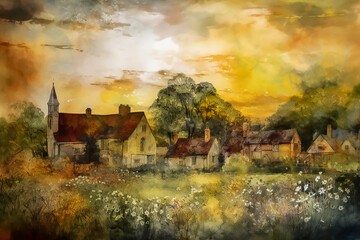 Illustration of oil painting style medieval village, Generative AI image.