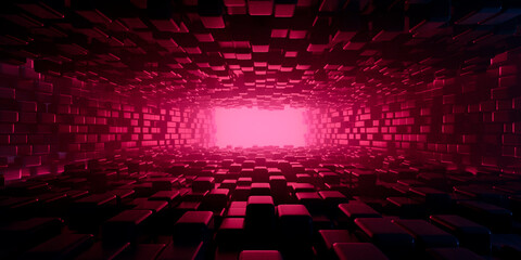 3d abstract pink metal tunnel background from squares and rectangles with light at the end. Futuristic corridor with depth and perspective. 3d rendering illustration. - obrazy, fototapety, plakaty