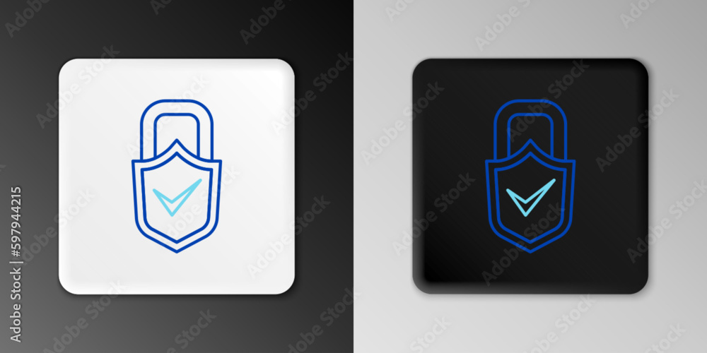 Poster line open padlock and check mark icon isolated on grey background. cyber security concept. digital d