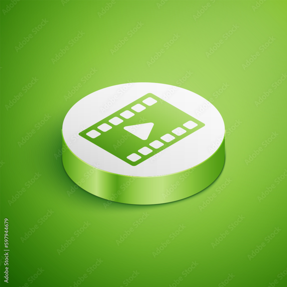 Poster Isometric Play Video icon isolated on green background. Film strip with play sign. White circle button. Vector