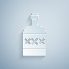 Paper cut Tequila bottle icon isolated on grey background. Mexican alcohol drink. Paper art style. Vector