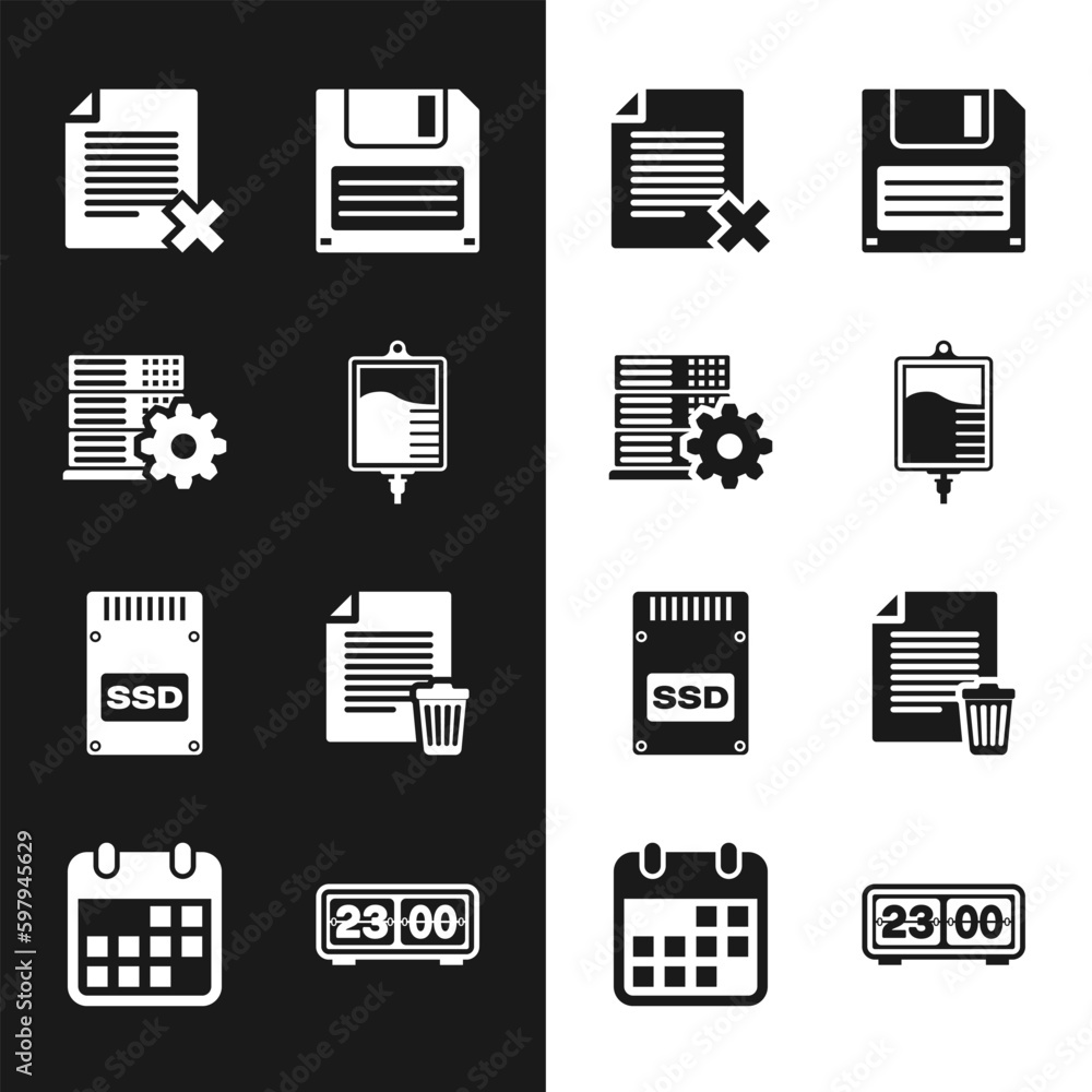 Poster set iv bag, server setting, delete file document, floppy disk, ssd card and icon. vector