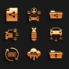 Set Aviation bomb, CO2 emissions in cloud, Delete folder, Car sharing, Refund money and icon. Vector