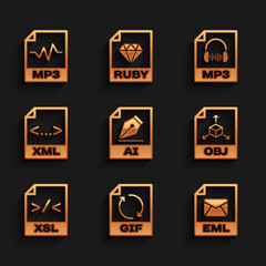 Set AI file document, GIF, EML, OBJ, XSL and XML icon. Vector