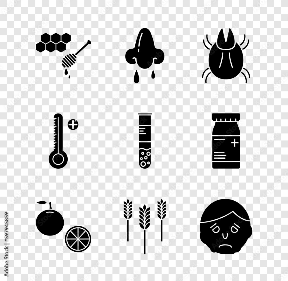 Sticker Set Honeycomb with honey dipper, Runny nose, Parasite mite, Orange fruit, Wheat, Inflammation face, Medical digital thermometer and Test tube and flask icon. Vector