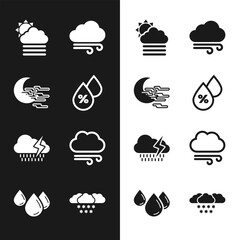 Set Water drop percentage, Fog and moon, cloud with sun, Windy weather, Cloud rain lightning and icon. Vector