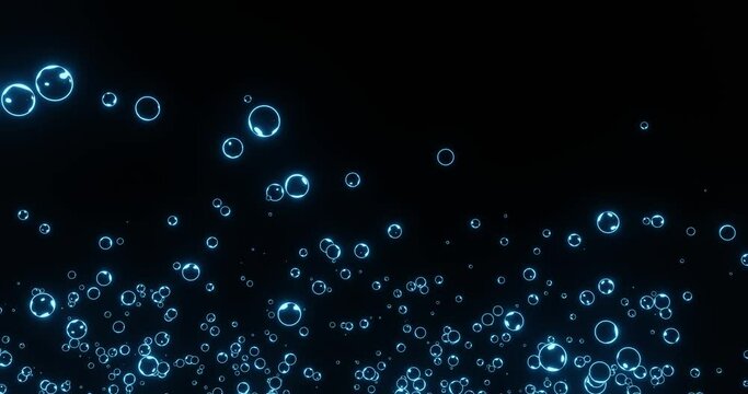 Neon Bubbles Fly Up and Burst on a Black Background. Beautiful 3d Animation Ultra HD 4K