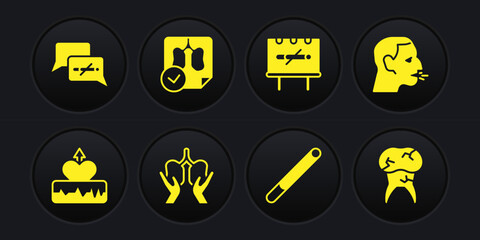 Set Heartbeat increase, Man coughing, Lungs, Cigarette, No smoking, x-ray diagnostics, Tooth with caries and icon. Vector