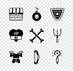 Set Chest, Bomb ready to explode, Shield, Body armor, Medieval bow, Magic wand, Video game bar and Crossed human bones icon. Vector
