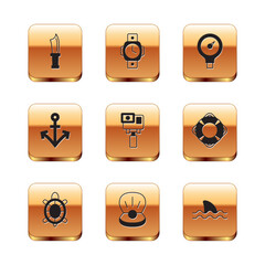 Set Diving knife, Turtle, Pearl, Action extreme camera, Anchor, Gauge scale, Shark and watch icon. Vector