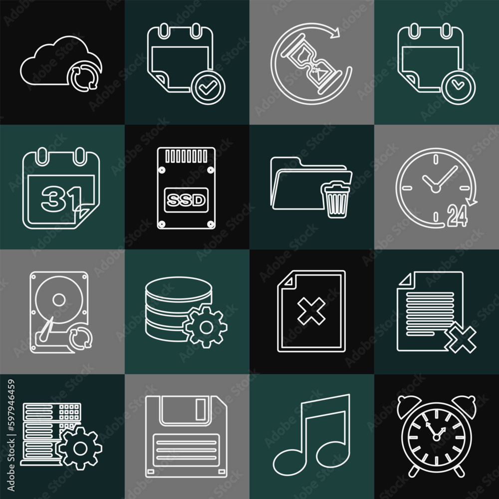 Poster set line alarm clock, delete file document, clock 24 hours, waiting, ssd card, calendar, cloud sync 