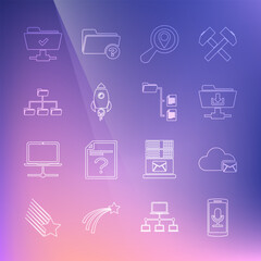 Fototapeta na wymiar Set line Mobile recording, Cloud mail server, FTP folder download, Search location, Rocket ship with fire, Folder tree, operation successful and icon. Vector
