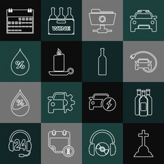 Set line Tombstone with cross, Bottles of wine, Electric car, FTP sync refresh, Burning candle candlestick, Water drop percentage, Calendar and icon. Vector