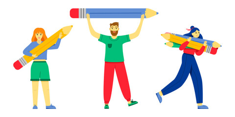 Cute students standing with large pencils. Young people holding big pencils. Concept of education, copywriting, creativity, content manager, blogging, drawing, training. Flat funny isolated characters