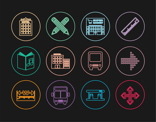 Set line Pixel arrows in four directions, Dots, Supermarket building, Hotel, Audio book, Bus and Crossed pencil icon. Vector