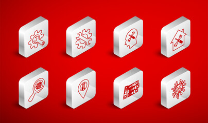 Set line Bacteria, Wrench and gear, Human head service, House, Office folders, Location and Microorganisms under magnifier icon. Vector