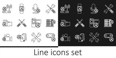 Set line Gamepad service, Database server, Microphone, Crossed screwdrivers, Video camera, Router wi-fi, and Smartwatch icon. Vector