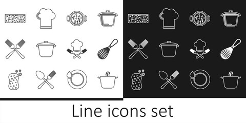 Set line Cooking pot, Kitchen whisk, soup, Crossed fork, Sponge with bubbles, Chef hat and and icon. Vector