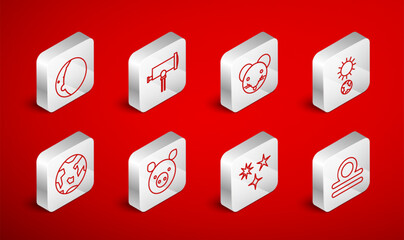 Set line Libra zodiac, Telescope, Rat, Solstice, Falling star, Eclipse of the sun, Pig and Planet Earth icon. Vector