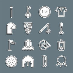 Set line Old keys, Medieval flag, Torch flame, Round wooden shield, Shield, iron helmet, spear and chained mace ball icon. Vector