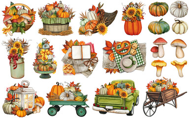 watercolor hand drawn cozy fall season clipart set