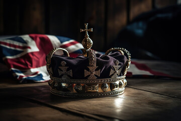 British flag and king crown ob dark background. Generative Ai.