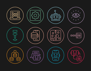 Set line Artificial intelligence robot, Binary code, Cloud technology data transfer, Algorithm, Neural network, and Computer api interface icon. Vector