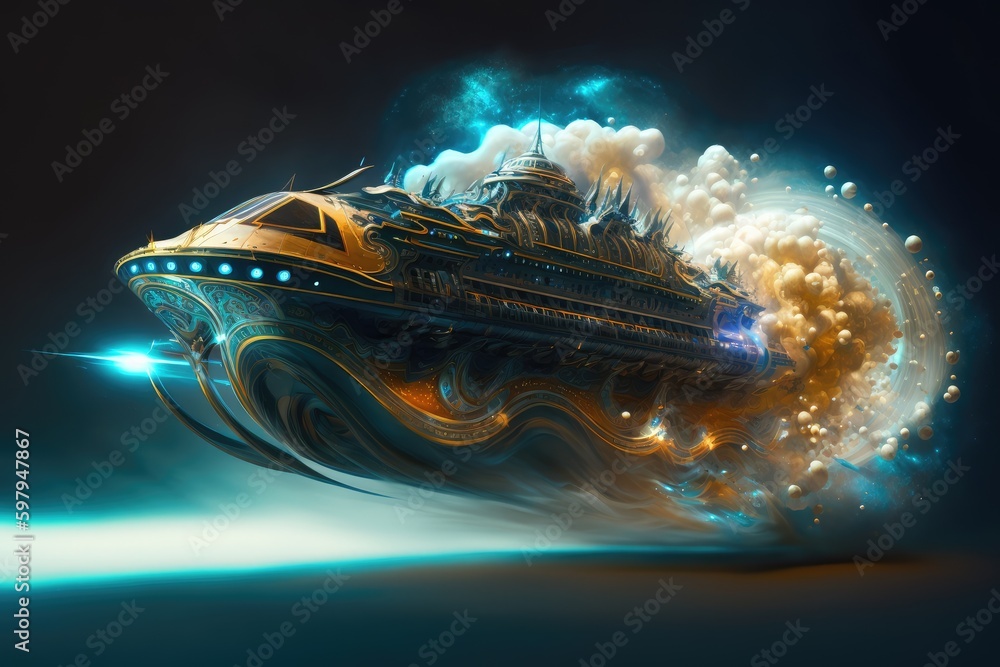 Poster gigantic spaceship travel into a quantum world. distinct generative ai image. generative ai